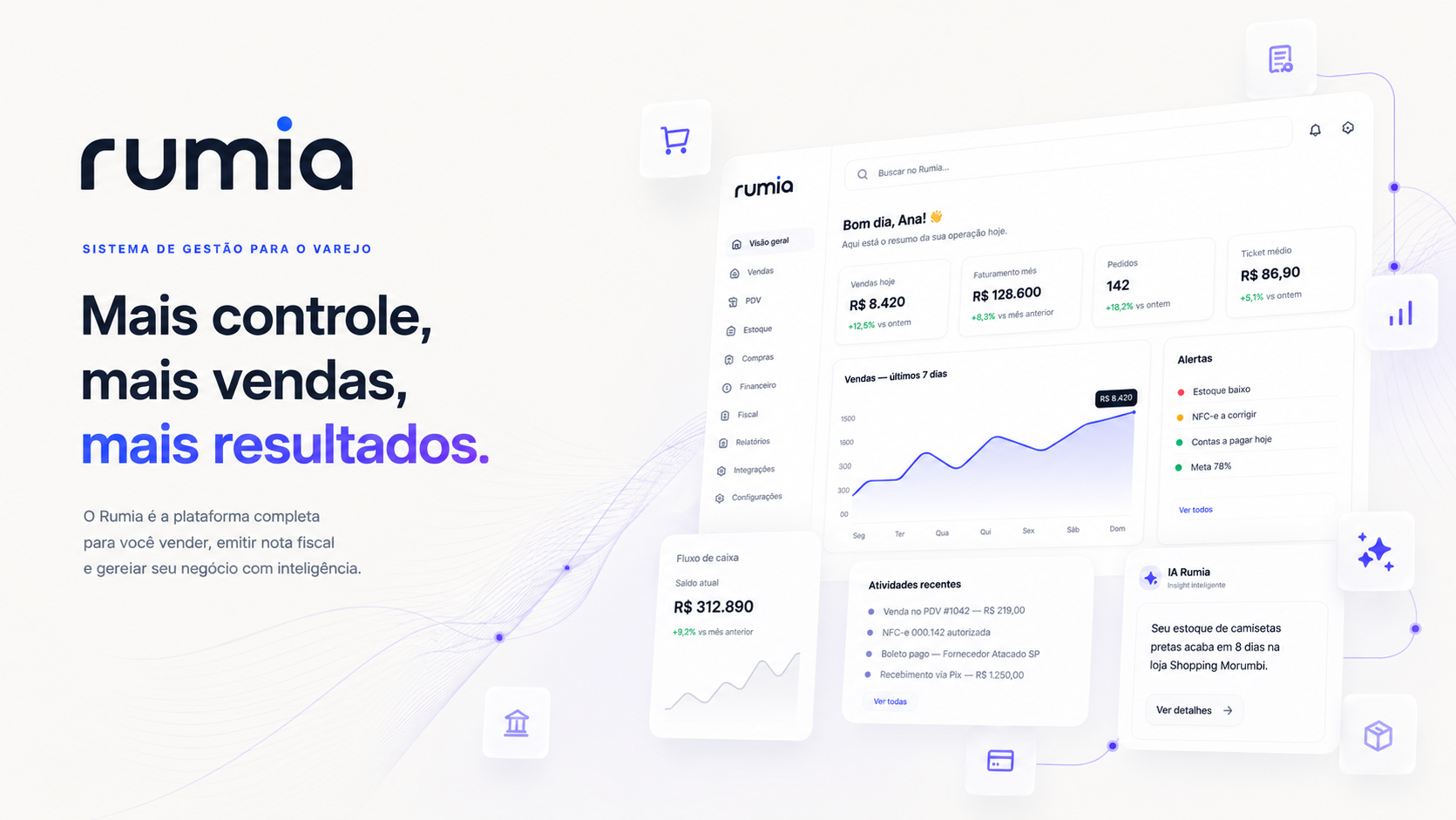 Rumia — mais controle, mais vendas, mais resultados. ERP completo com PDV, emissão fiscal, financeiro e IA.